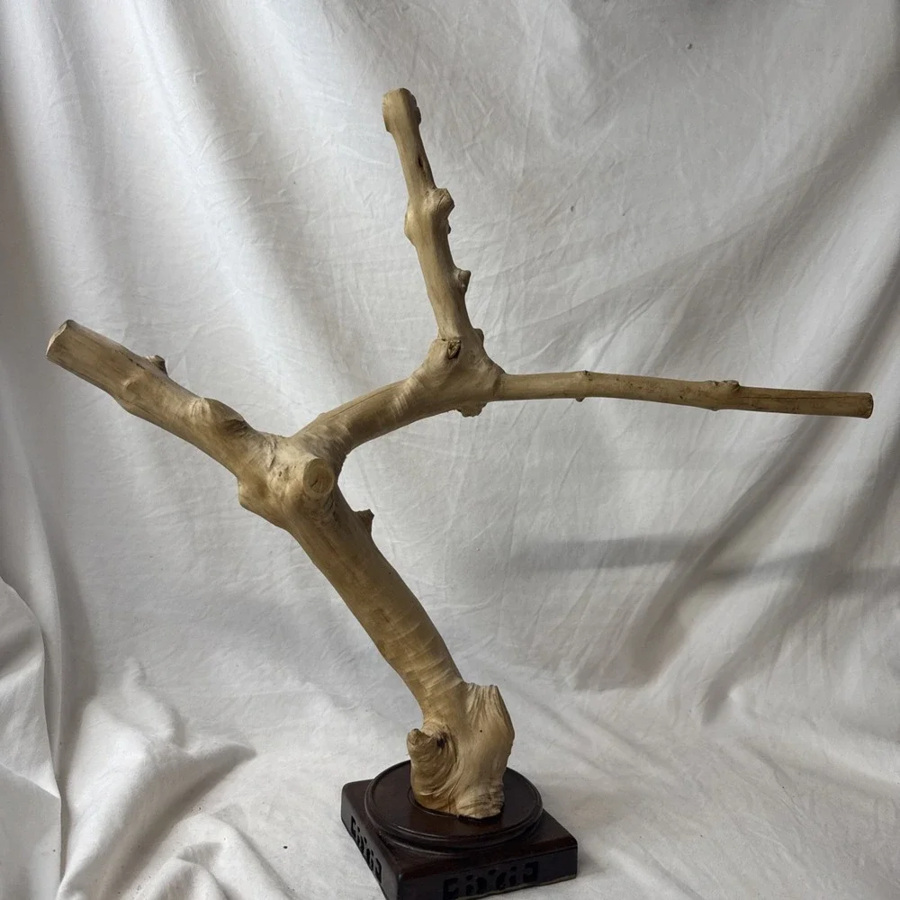 Vintage Natural Wood Tabletop Bird Perch Stand Asian Style Carved Base Display
